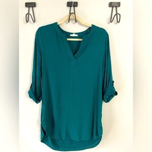 Pleione, women’s small, roll sleeve deep green longer length soft open-neck top